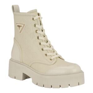 GUESS Womens Shun Triple Triangle Lace Up Lug Sole Combat Boots Ivory Size 7 1/2